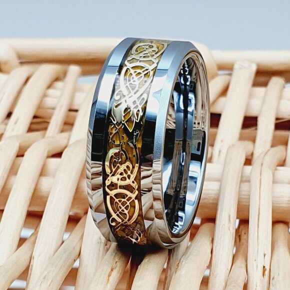 "Dragon Celtic Silver Tungsten Wedding Ring, GALTUN366